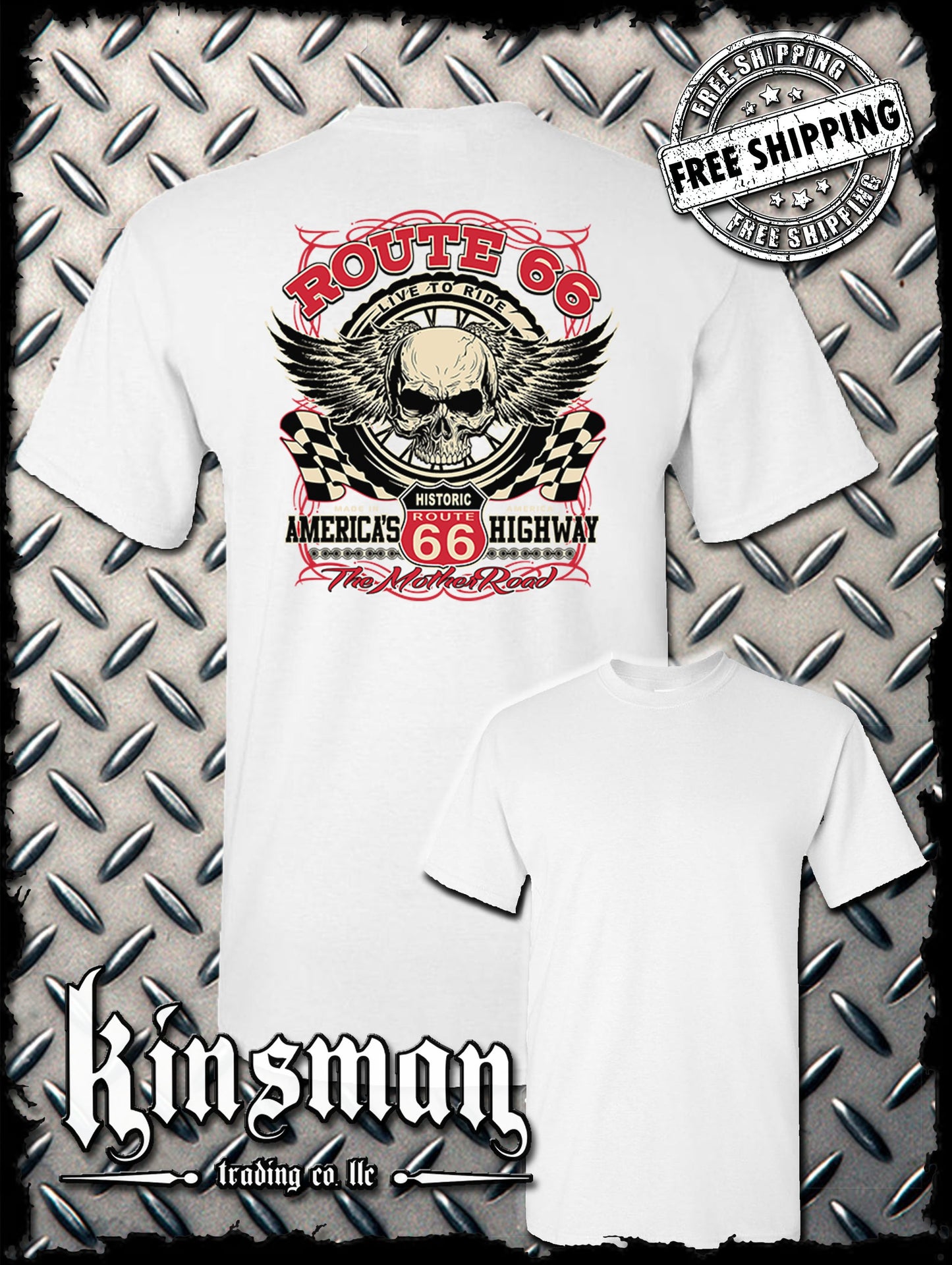 Route 66 Winged Skull Back Print T-Shirt Biker