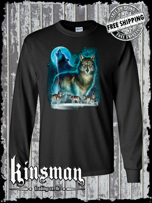 Wolf Pack Howling at Moon Silhouette Long Sleeve T-Shirt Native American Indian