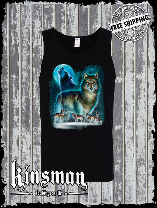 Wolf Pack Howling at Moon Silhouette Tank Top T-Shirt Native American Indian