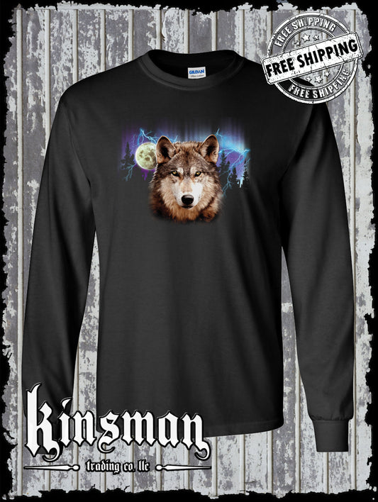 Wolf Lightning Moon Long Sleeve T-Shirt Native American Indian