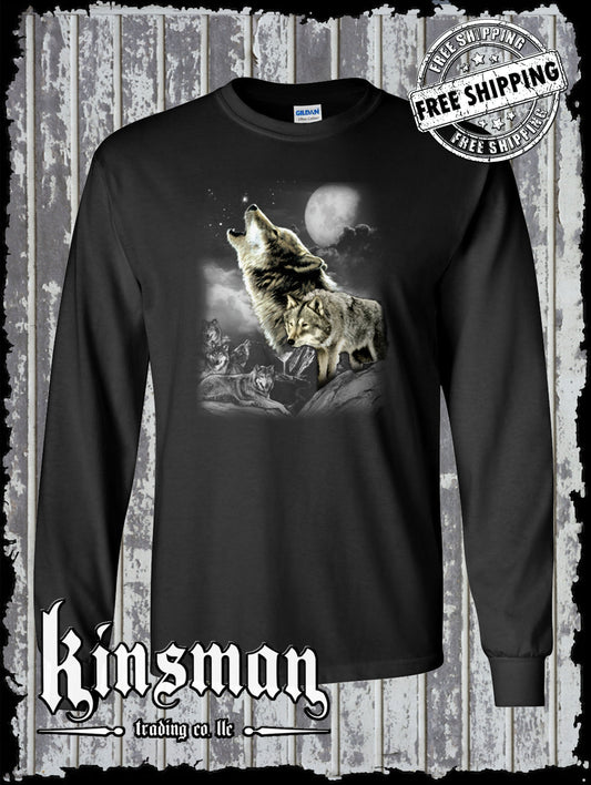 Wolf Wilderness Moon Long Sleeve T-Shirt Native American Indian