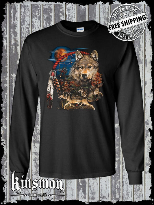 Tribesman Native American Long Sleeve T-Shirt / Wolves Dreamcatcher Indian Tee