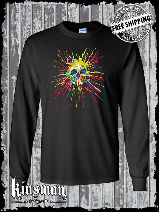 Liquid Blue Neon Splatter Skull Long Sleeve T-Shirt