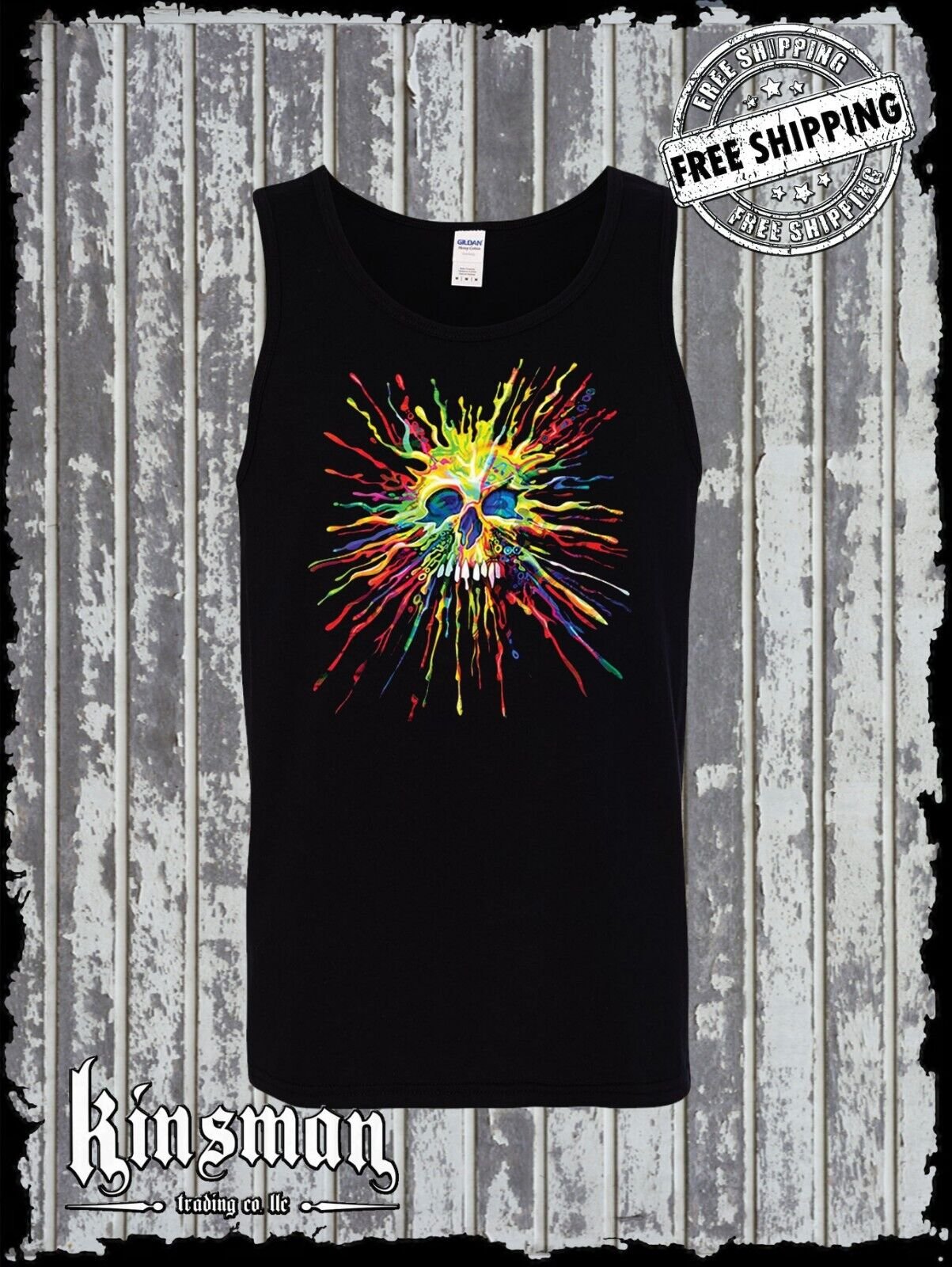 Liquid Blue Neon Splatter Skull Tank Top T-Shirt