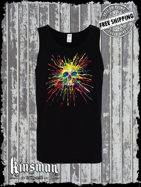 Liquid Blue Neon Splatter Skull Tank Top T-Shirt