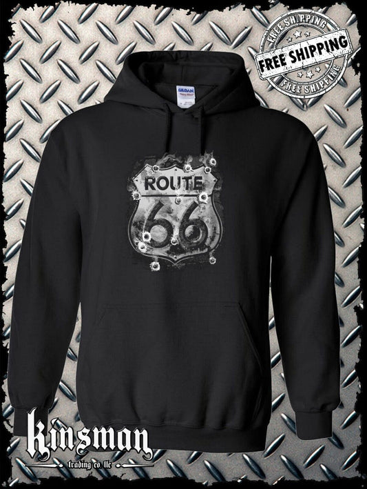 Route 66 Hoodie Sweatshirt - Smoking Sign with Bullet Holes