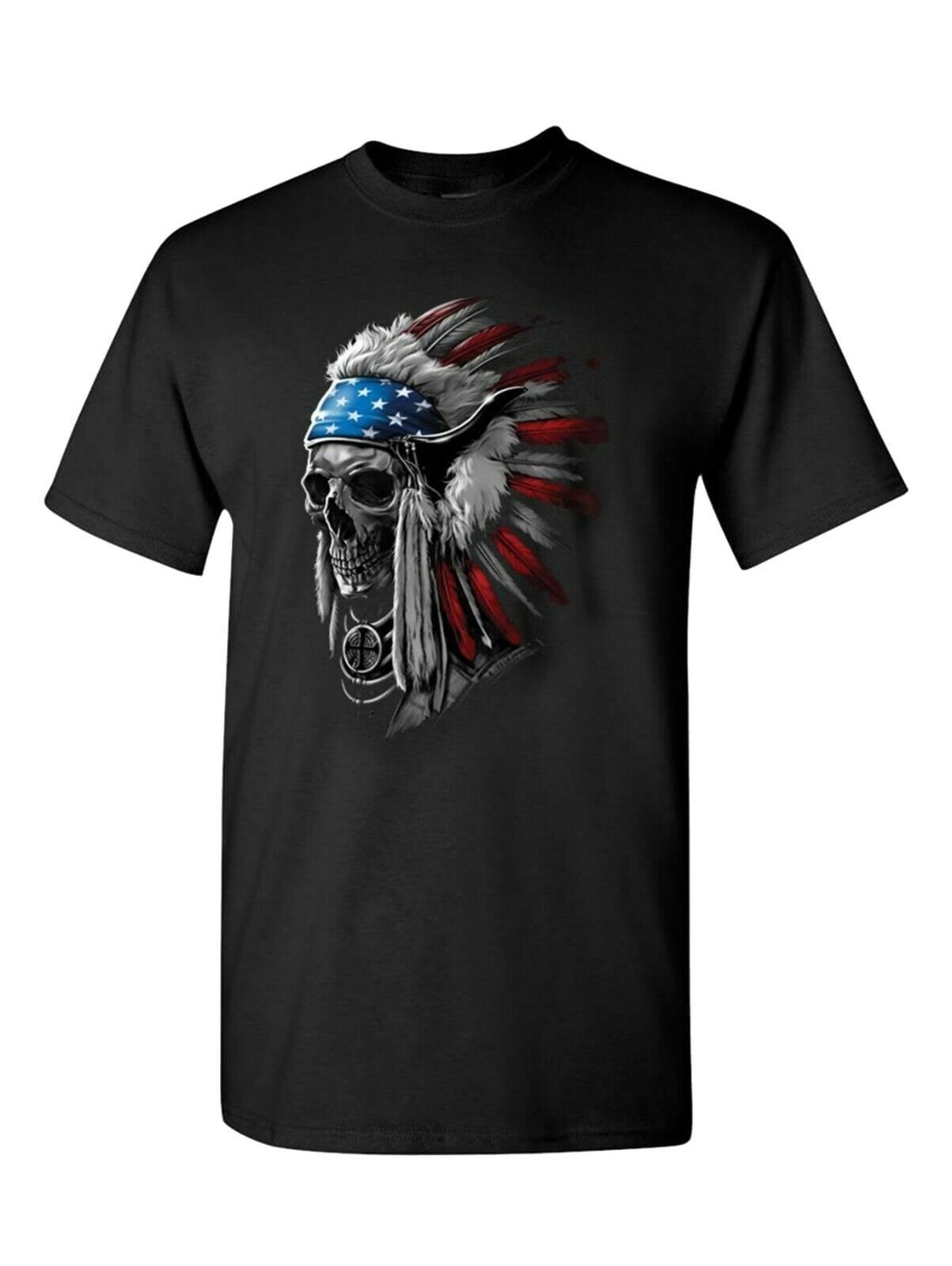 Patriotic Chief Skull Native American War Bonnet Feather T-Shirt USA Freedom