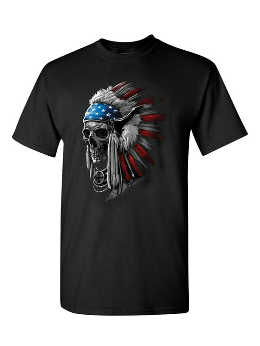 Patriotic Chief Skull Native American War Bonnet Feather T-Shirt USA Freedom