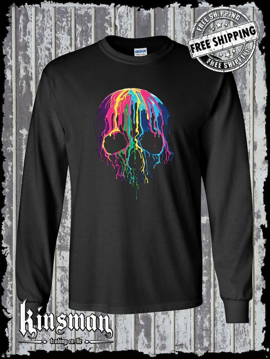Liquid Blue Neon Melting Skull Dripping Party Long Sleeve T-Shirt