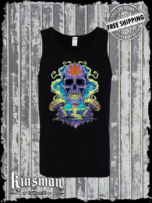 Weed Skull Mushroom Tank Top T-Shirt - Marijuana Smoke Stoner Tee