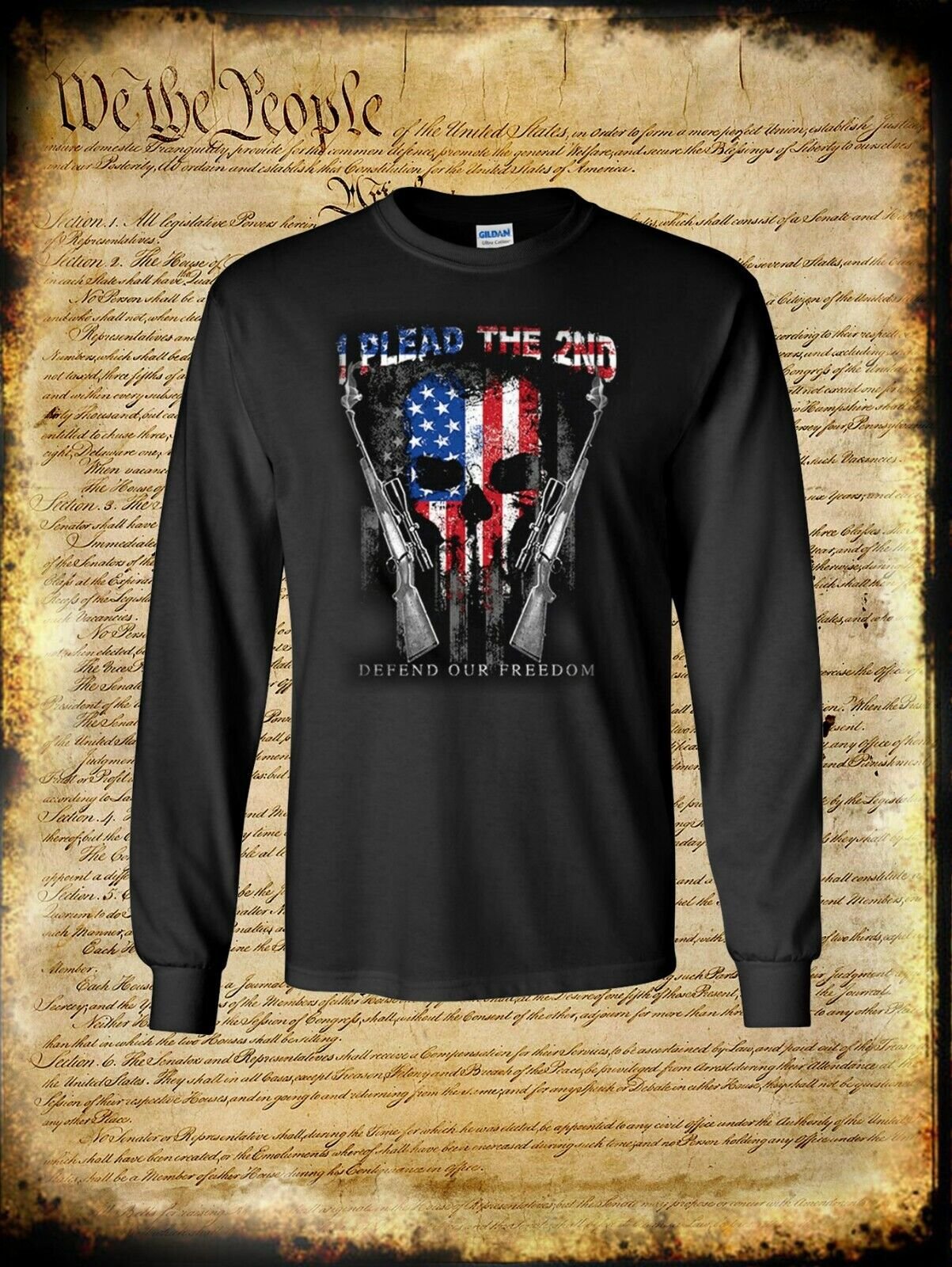 I Plead The 2nd Defend Our Freedom Long Sleeve T-Shirt  2A USA Flag Skull Rifles