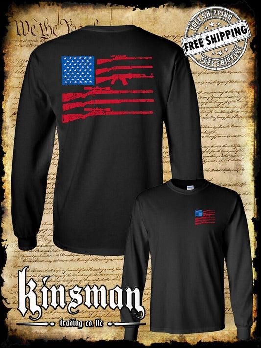 American Gun Flag Long Sleeve T-Shirt 2nd Amendment Rifles USA 4th of July