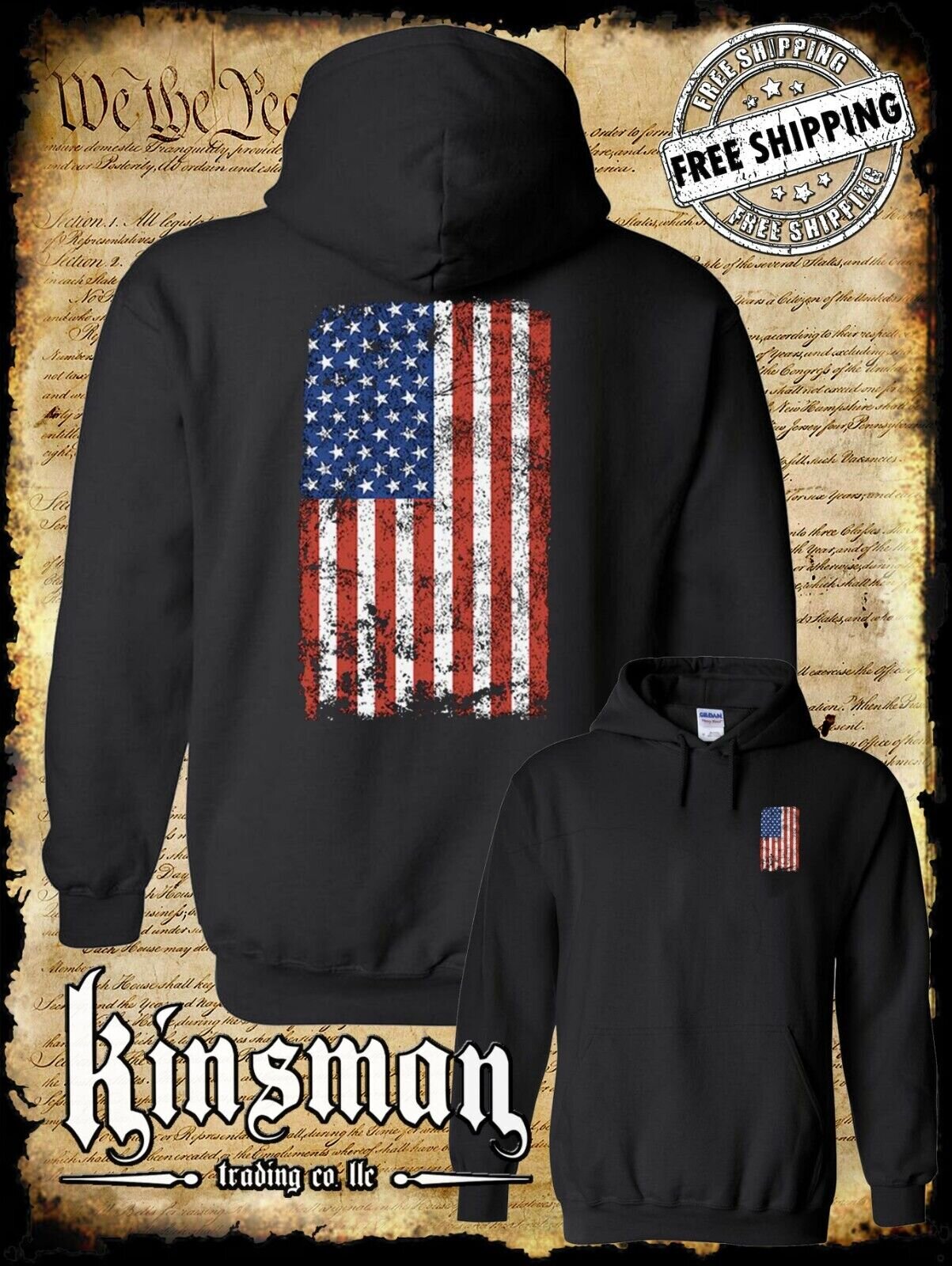 Distressed American US Flag Hoodie - Patriotic 4th of July USA Grunge Military