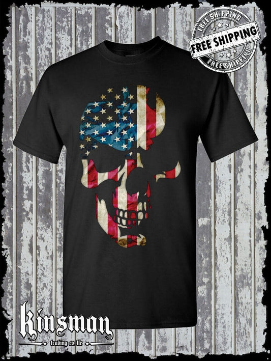 AMERICANA SKULL T-Shirt Patriotic United States American Flag Biker USA