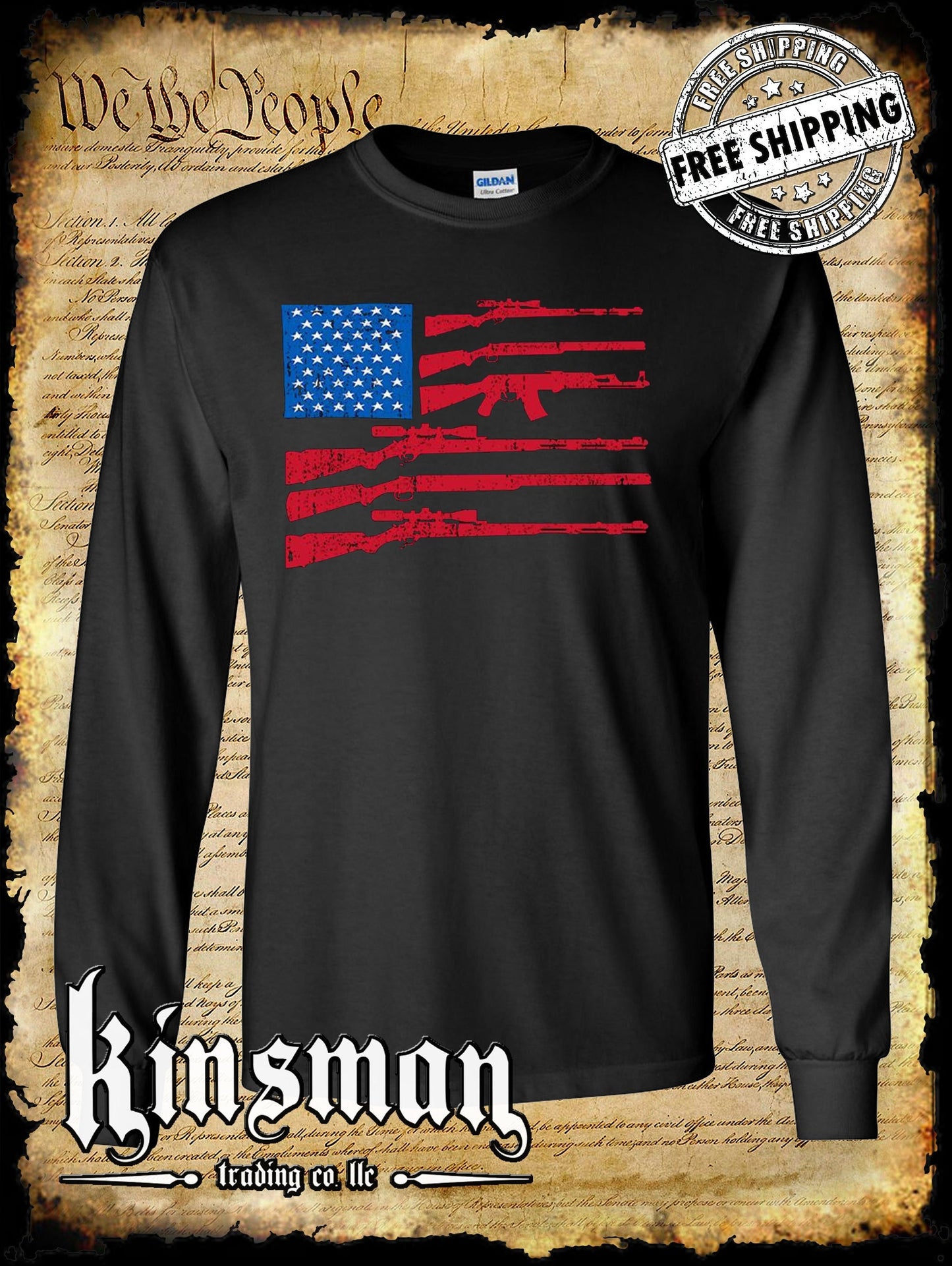 Gun Flag Long Sleeve T-Shirt 2nd Amendment United States of America Flag Rifles 4th of July