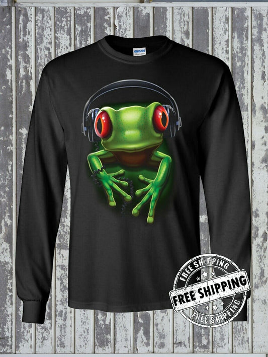 Frog Rock DJ with Headphones Music Party Long Sleeve T-Shirts Animal Reptile