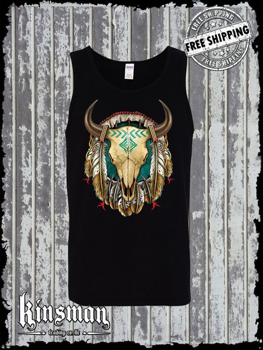 Steer Skull Dreamcatcher Tank Top T-Shirt / Native American Indian Feathers
