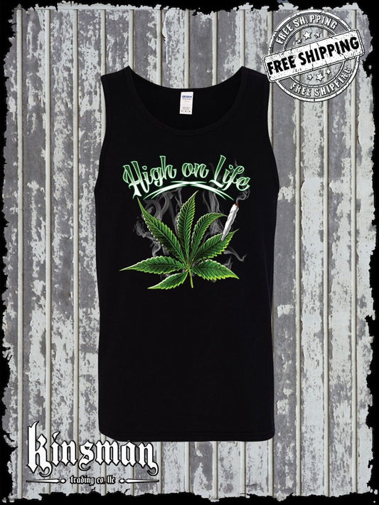 High on Life Tank Top T-Shirt Marijuana 420 Weed Cannabis Pot Hippie Stoner Tee
