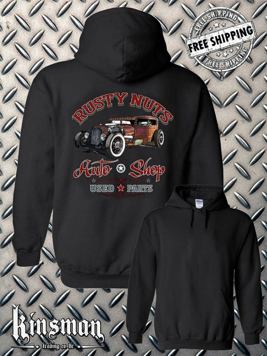 Rusty Nuts Auto Shop Hoodie Sweatshirt - Hot / Rat Rod Retro Mechanic Garage