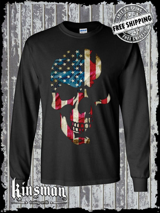 AMERICANA SKULL Long Sleeve T-Shirt Patriotic United States American Flag Biker