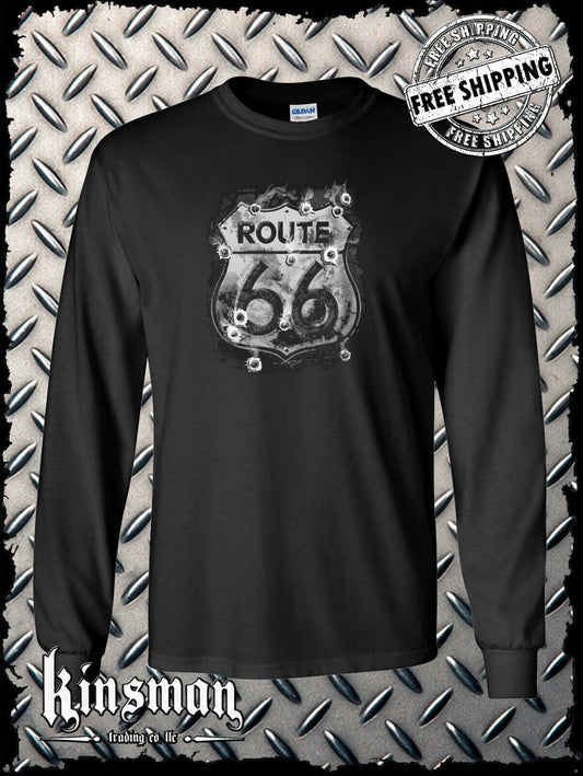 Route 66 Long Sleeve T-Shirt - Smoking Sign with Bullet Holes