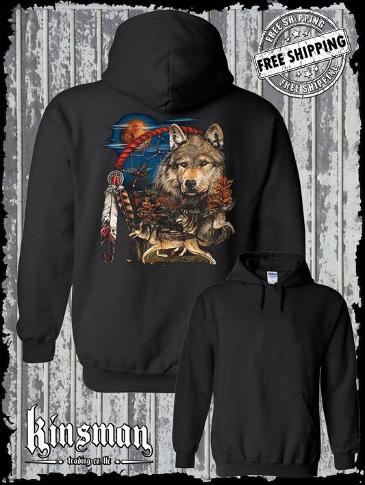 Tribesman Native American Hoodie Sweatshirt / Wolves Dreamcatcher Indian