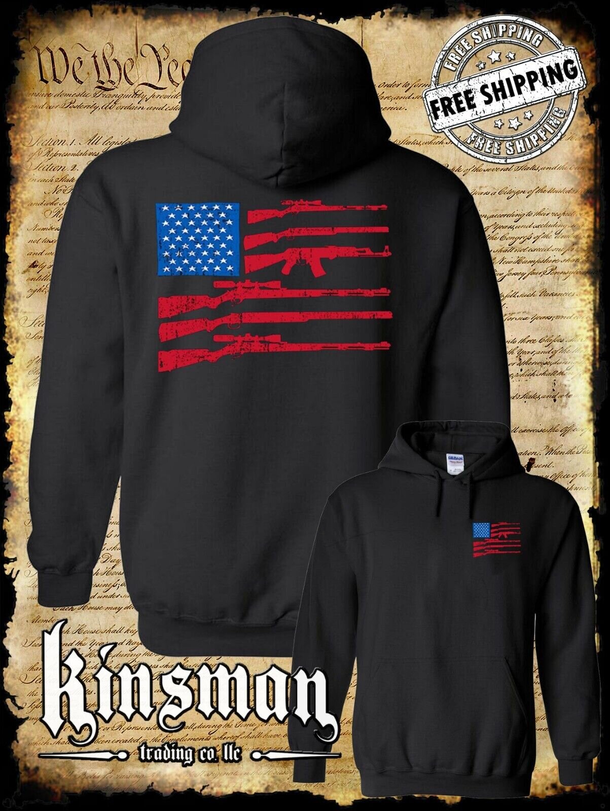American Gun Flag Hoodie Sweatshirt 2nd Amendment Rifles USA 4th of July