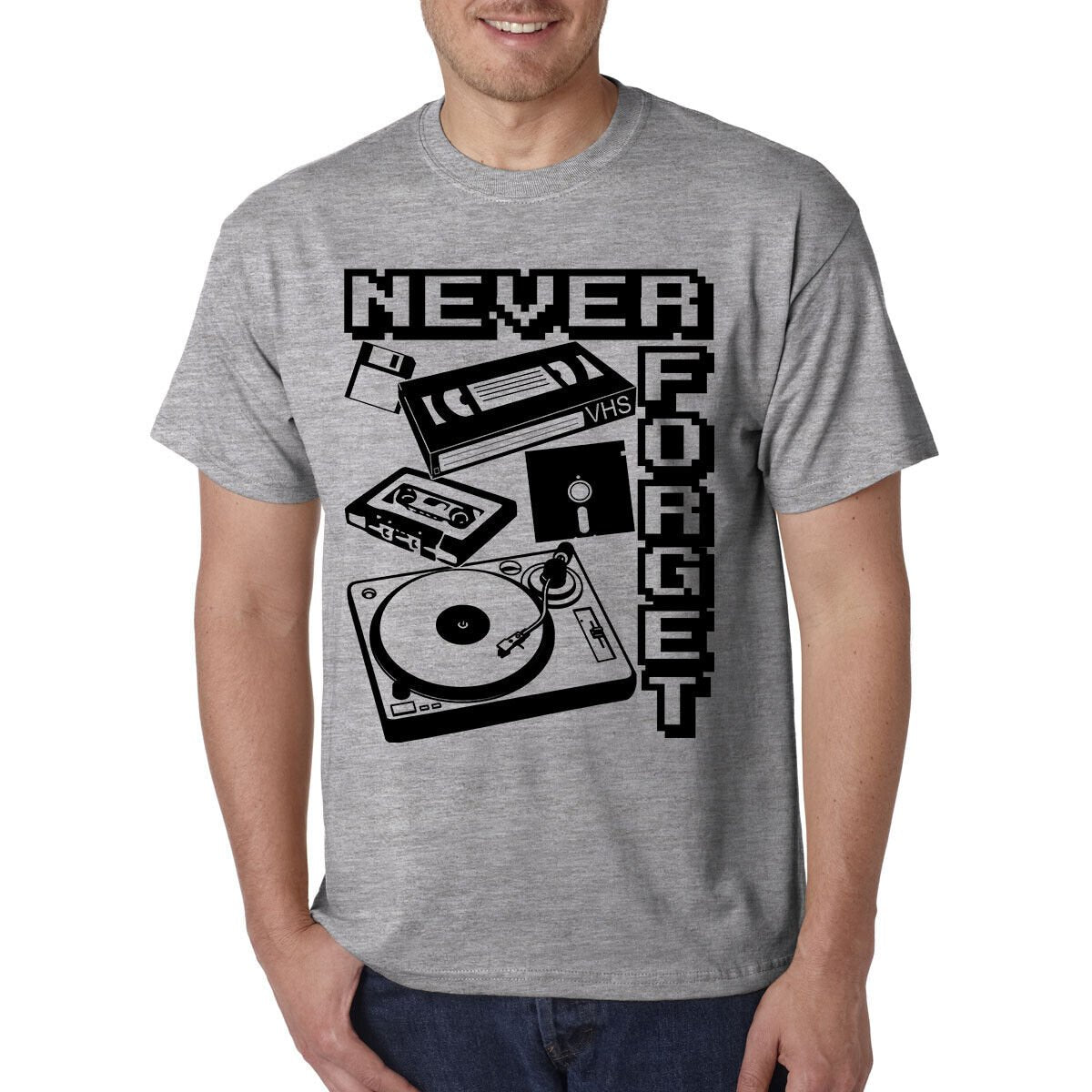 Never Forget T-Shirt / Old School Retro VHS Cassette Turntable Vinyl Record Game