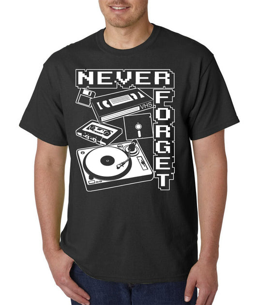 Never Forget T-Shirt / Old School Retro VHS Cassette Turntable Vinyl Record Game