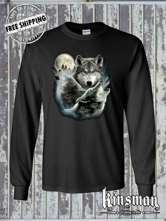 Three Wolves Howling at Moon Long Sleeve T-Shirt Native American Indian Outdoors