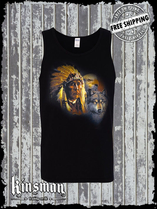 Chief Indian Animals Tank Top T-Shirt / Wolf Eagle Wild Animals Native American