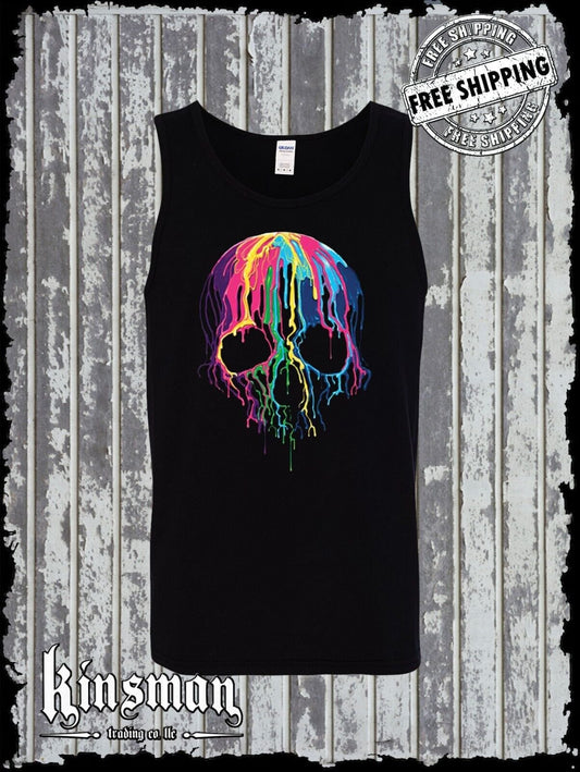 Liquid Blue Neon Melting Skull Dripping Party Tank Top T-Shirt