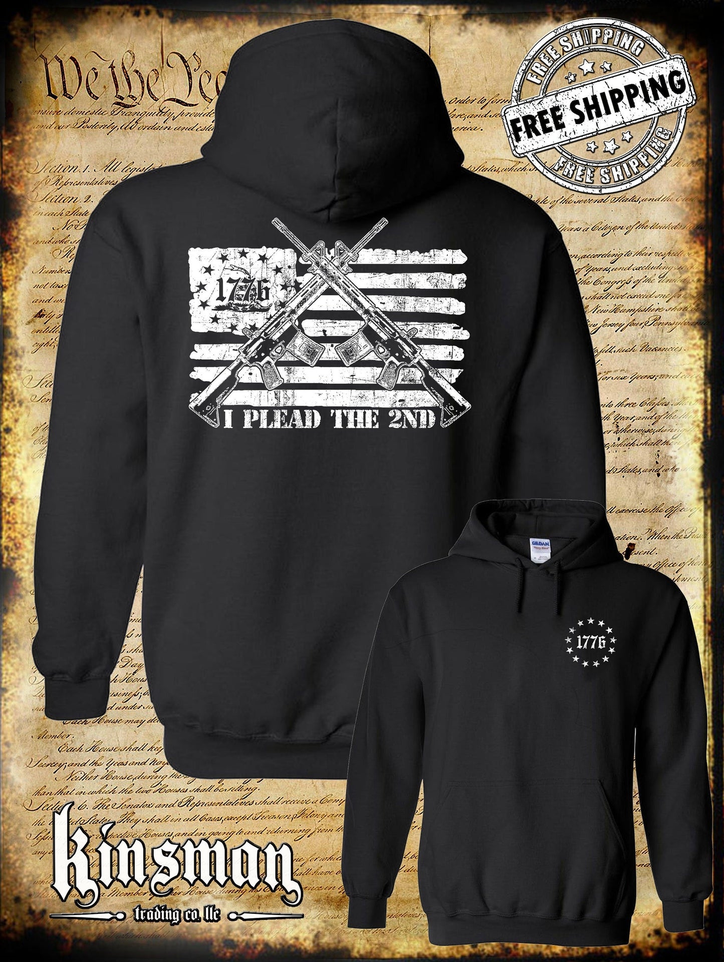 I Plead The 2nd Amendment Pro-Gun Hoodie / AR-15 Rifle American Flag USA 1776