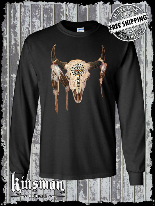 Buffalo Skull Native American Feather Long Sleeve T-Shirt Indian