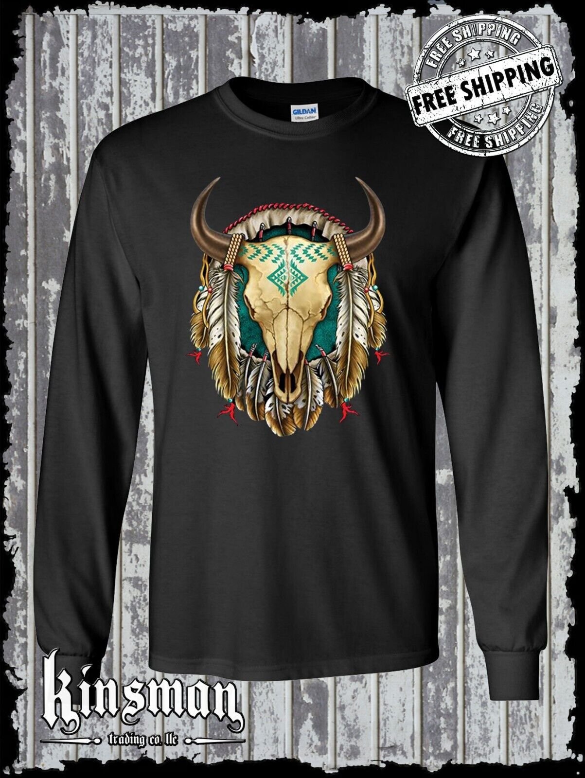 Steer Skull Dreamcatcher Long Sleeve T-Shirt / Native American Indian Feathers