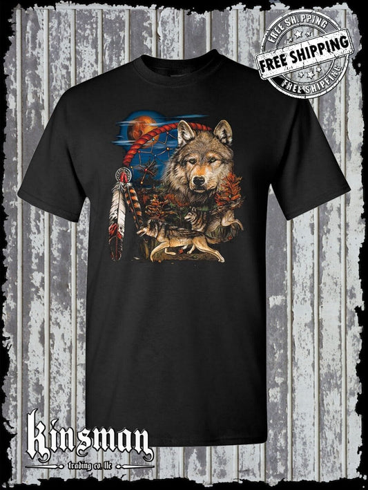 Tribesman Native American T-Shirt / Wolves Dreamcatcher Indian Tee