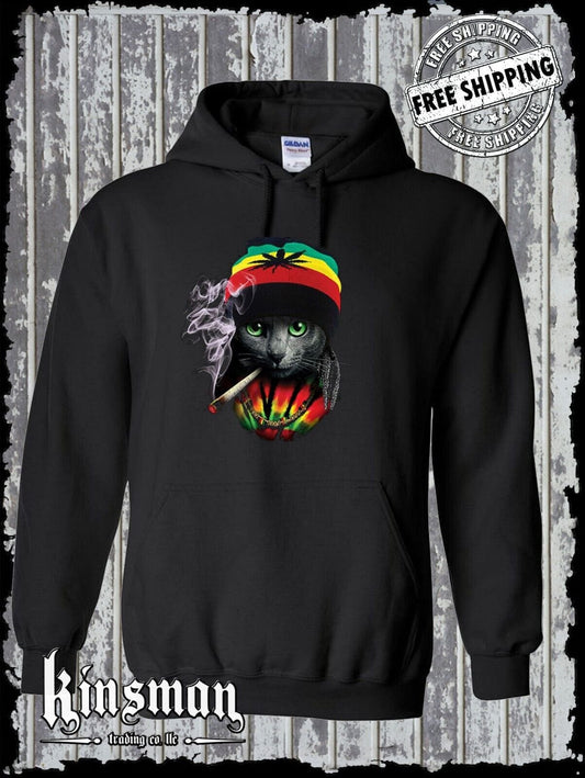 Rasta Cat Hoodie Sweatshirt Smoking Joint Jamaica Marijuana Pot Weed Cannabis