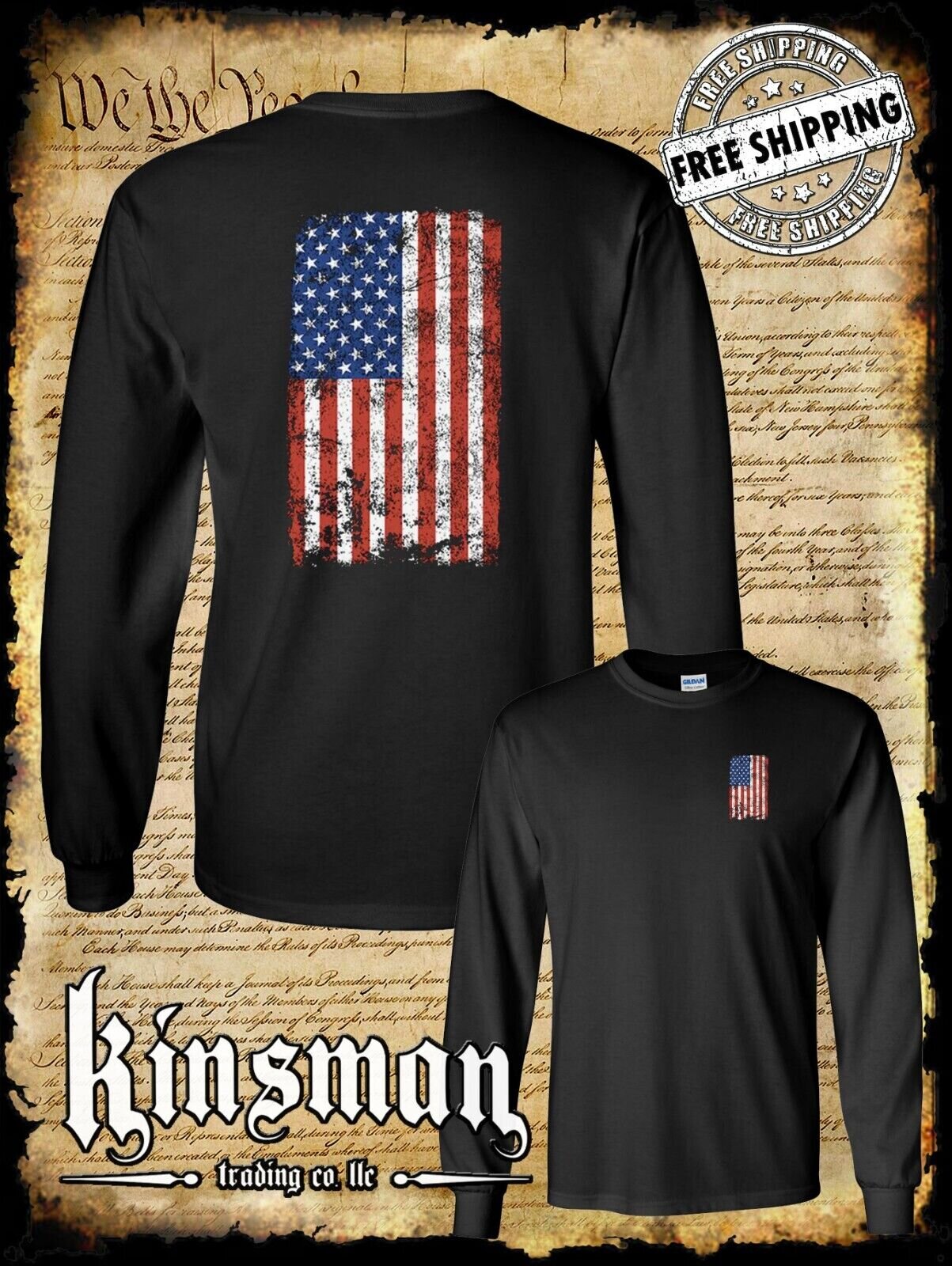 Distressed American US Flag Long Sleeve 2-Sided T-Shirt - Patriotic 4th of July