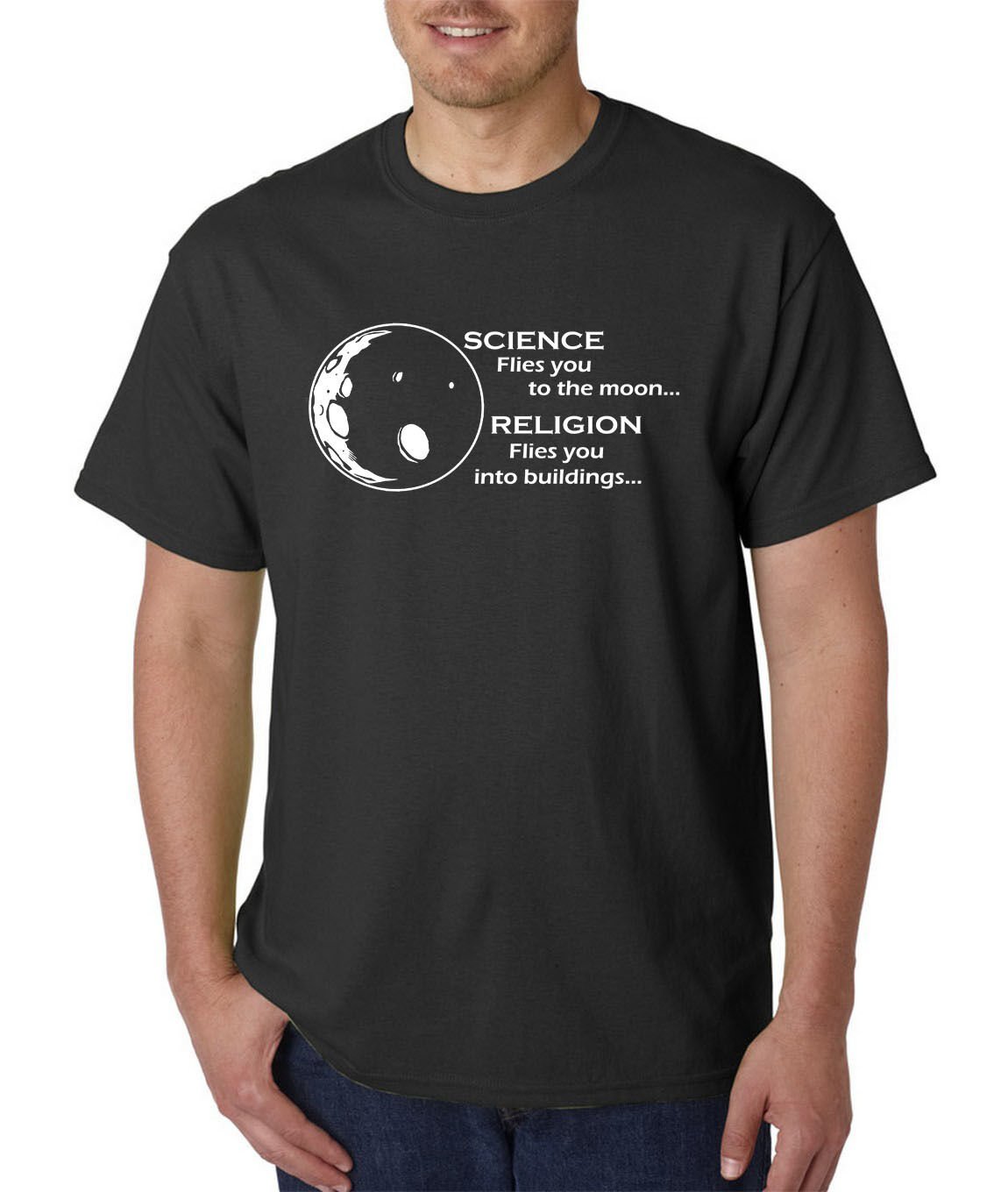 Science Flies You To The Moon Religion Into Buildings T-Shirt - Atheist Agnostic