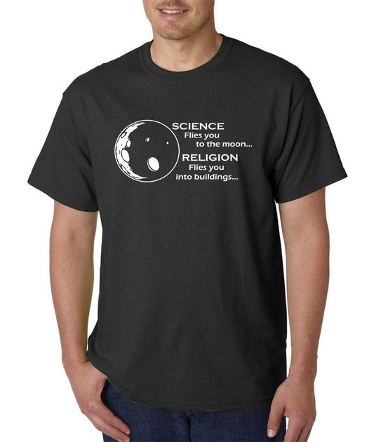 Science Flies You To The Moon Religion Into Buildings T-Shirt - Atheist Agnostic