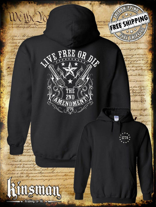 Live FREE or DIE 1776 2nd Amendment Hoodie / Pro Gun Rights .45 Revolvers