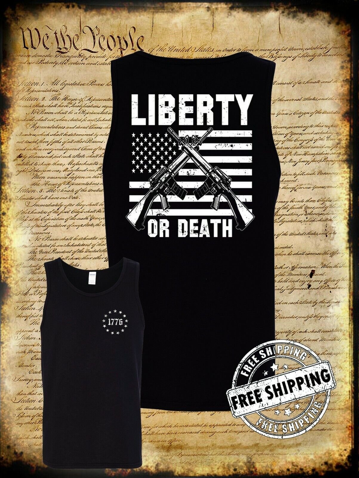 Liberty or Death American Flag AR-15 Tank Top T-Shirt - 2nd Amendment 1776 USA