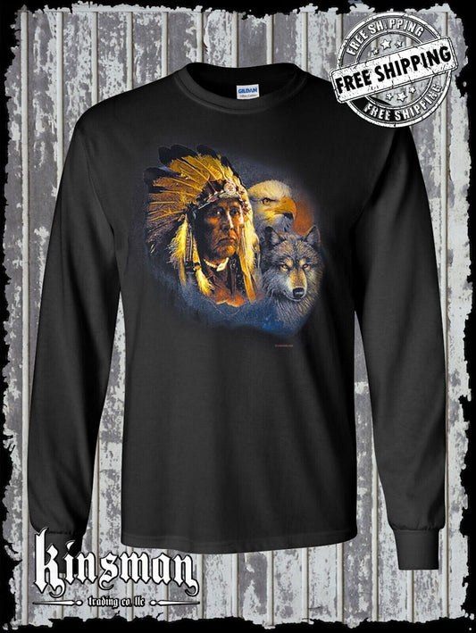 Chief Indian Animals Long Sleeve T-Shirt Wolf Eagle Wild Animals Native American