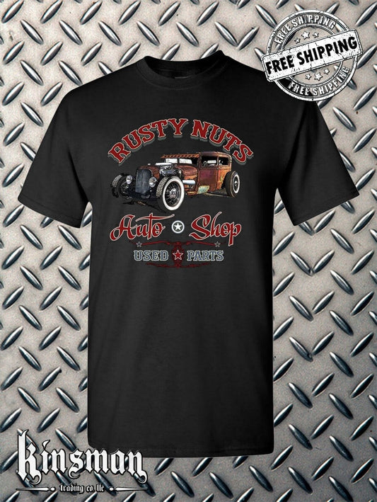 Rusty Nuts Auto Shop T-Shirt -Hot / Rat Rod Old School Retro Mechanic Garage