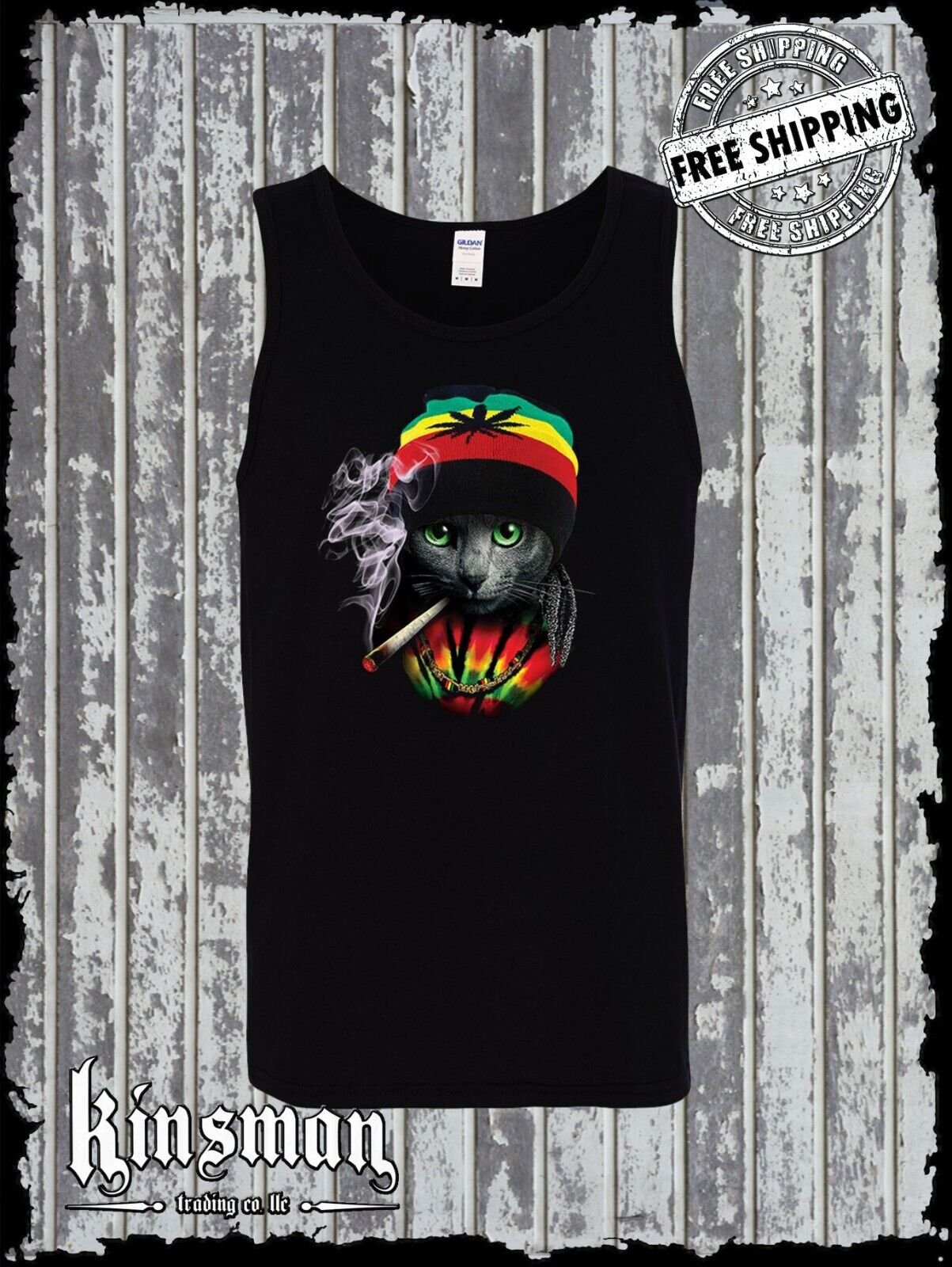 Rasta Cat Tank Top T-Shirt Smoking Joint Jamaica Marijuana Pot Weed Cannabis 420