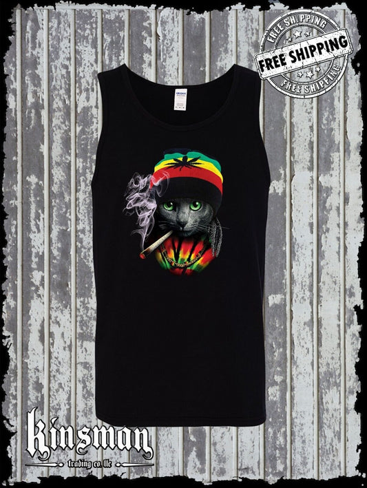 Rasta Cat Tank Top T-Shirt Smoking Joint Jamaica Marijuana Pot Weed Cannabis 420