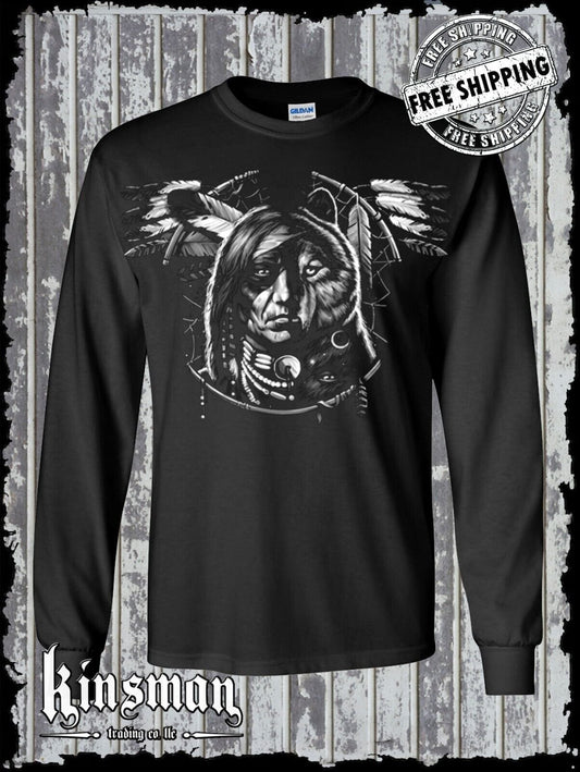Wolf Dreamcatcher Spirit Indian Long Sleeve T-Shirt Native American Feathers