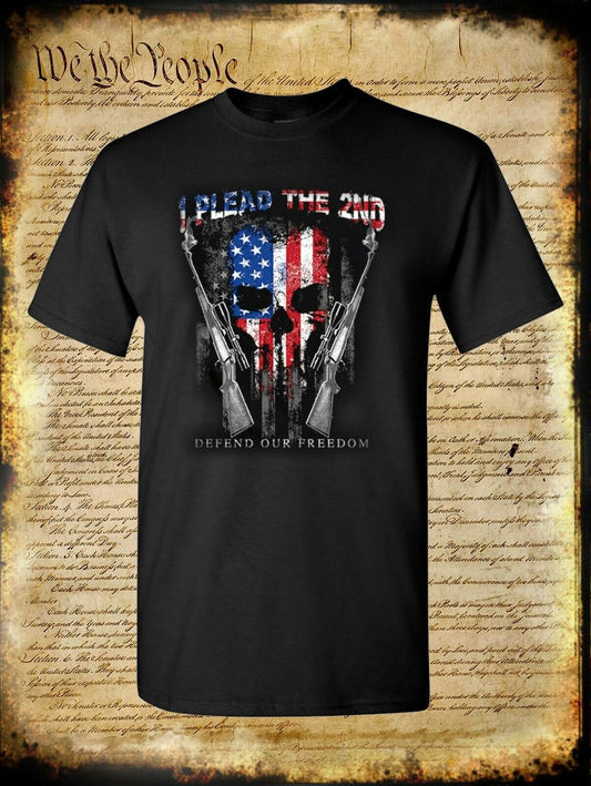 I Plead The 2nd Defend Our Freedom T-Shirt - 2A USA Flag Skull & Rifles Hunting