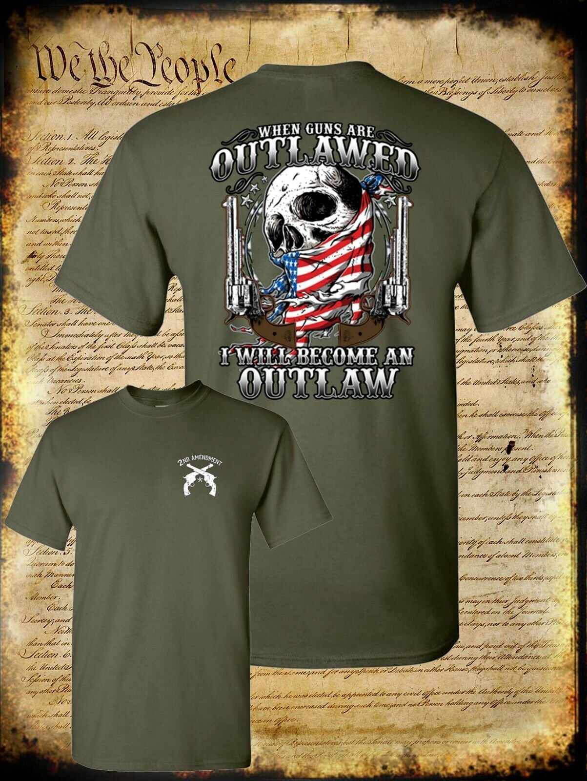 Outlaw 2nd Amendment Guns American Flag Skull DOUBLE-SIDED T-Shirt Right to Bear