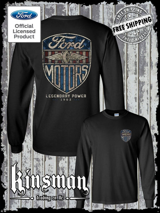 Ford Motors Legendary Power Retro Vintage Style Logo 2-Sided Long Sleeve T-Shirt